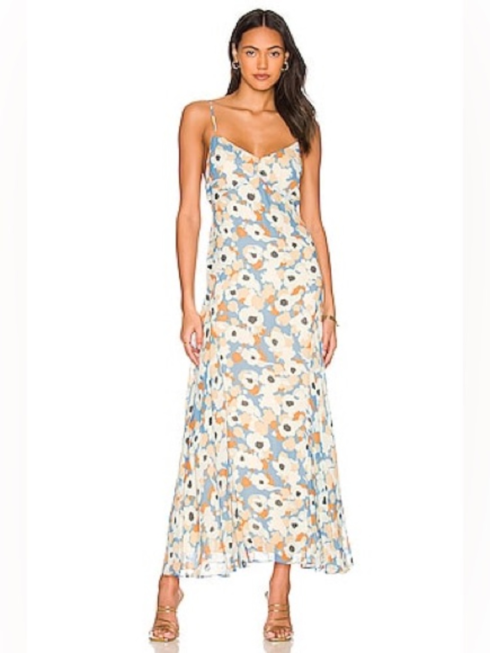 Joie Floral Slip Maxi Dress in Blue, Cream, and Tan Retail $450